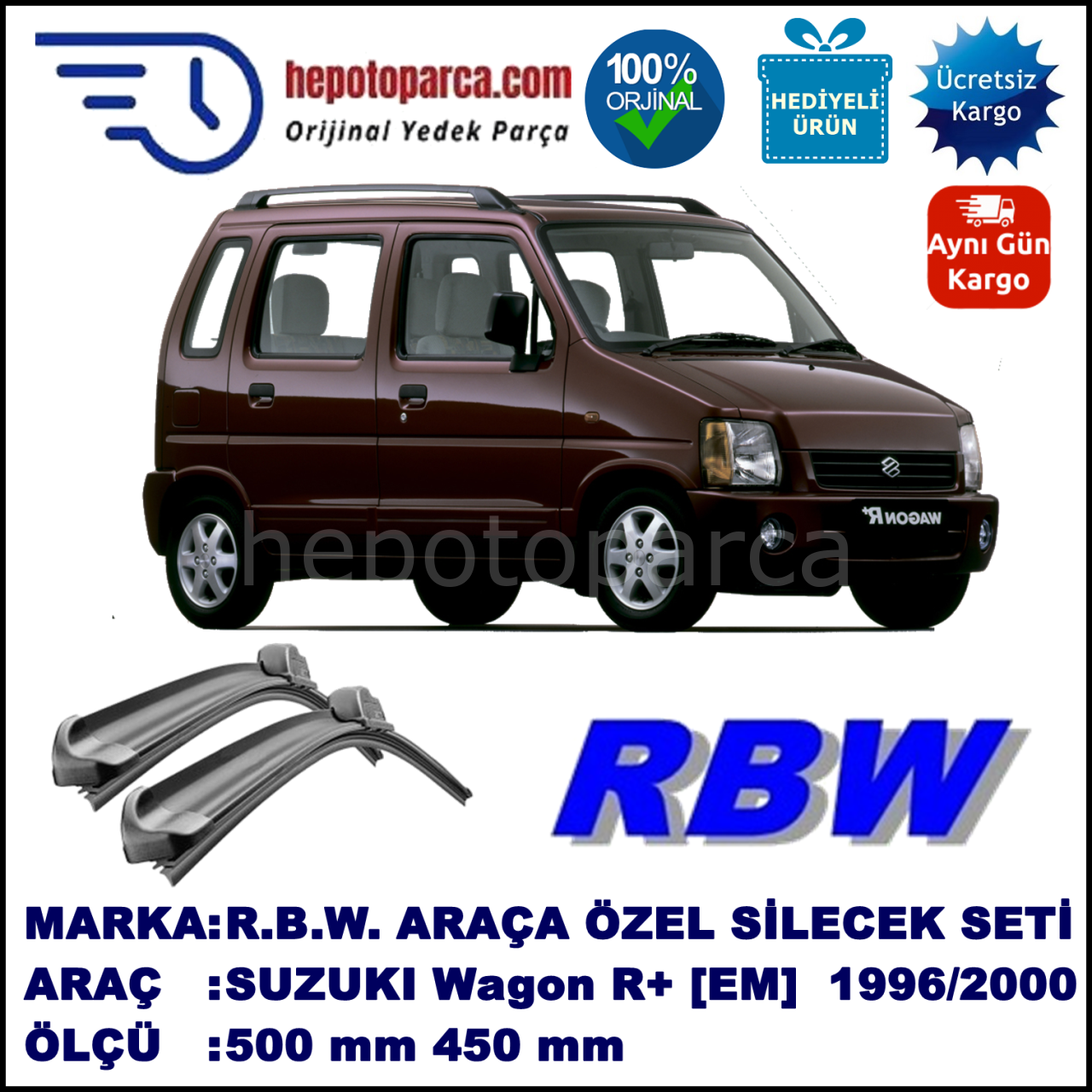 SUZUKI Wagon R+ [EM] 10.96-05.00 500 / 450 mm. RBW Muz Silecek Seti  2'li Takım. U Kanca Uyumludur.