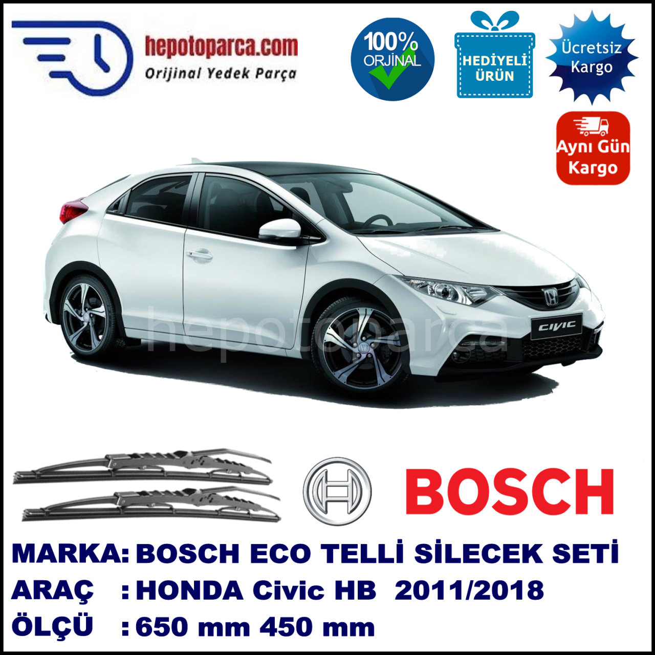 HONDA Civic Hatchback  09.11-... 650 / 450 mm. BOSCH ECO Telli Silecek 2'li Takım