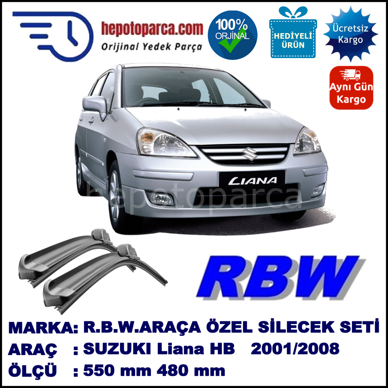 SUZUKI Liana Hatchback  03.01-04.08 550 / 480 mm. RBW Muz Silecek Seti  2'li Takım. U Kanca Uyumludur.