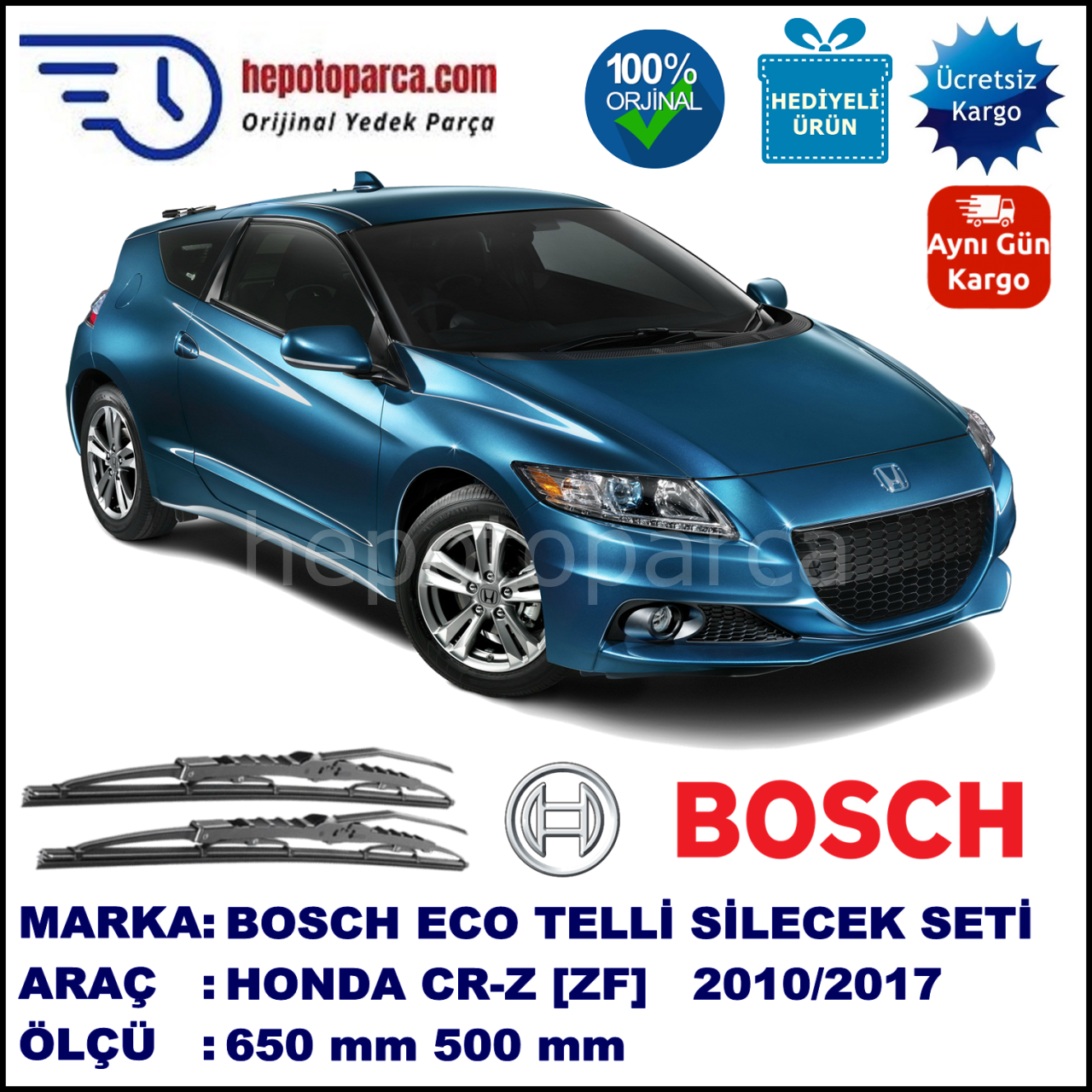 HONDA CR-Z [ZF] 03.10-... 650 / 500 mm. BOSCH ECO Telli Silecek 2'li Takım