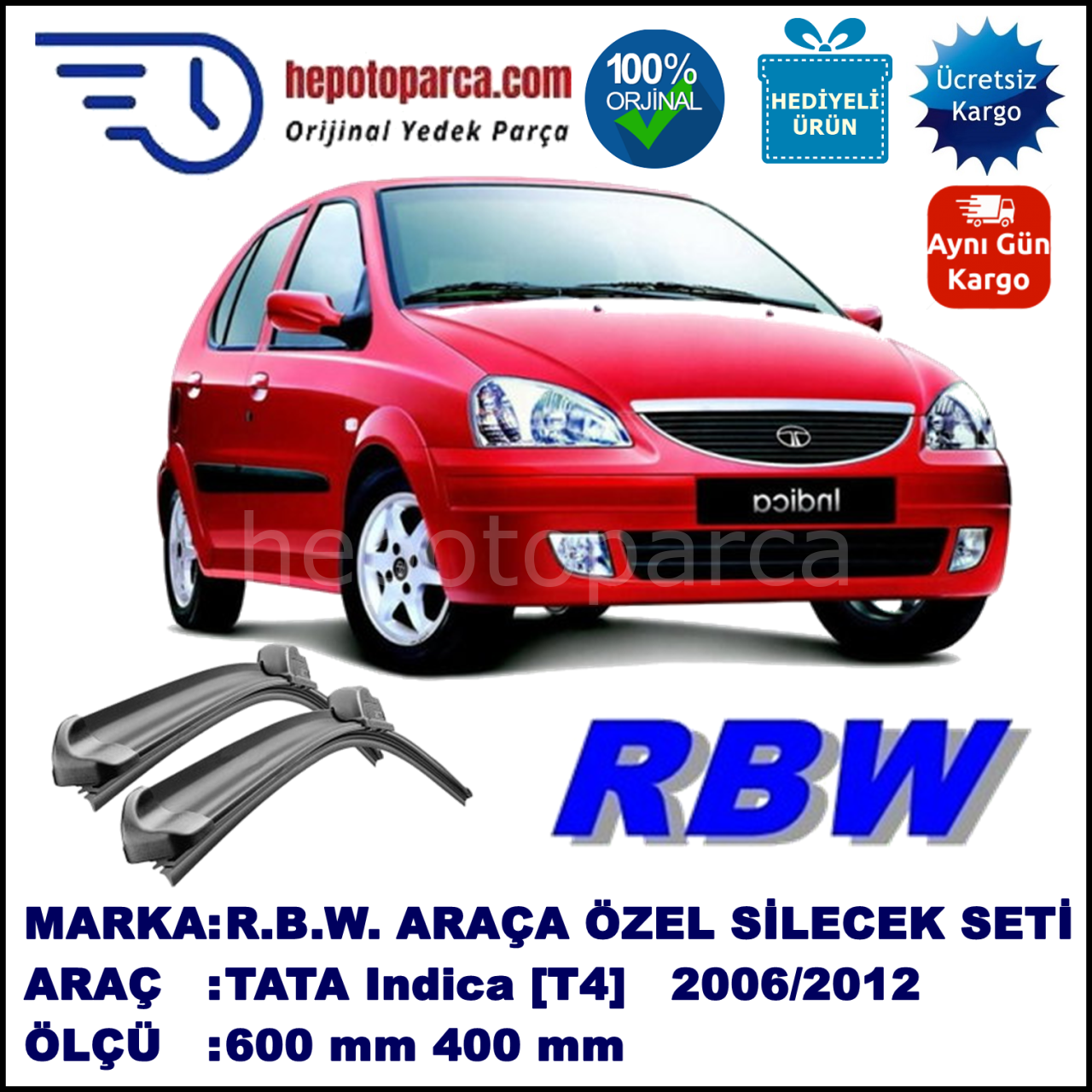 TATA Indica [T4] 11.06-... 600 / 400 mm. RBW Muz Silecek Seti  2'li Takım. U Kanca Uyumludur.