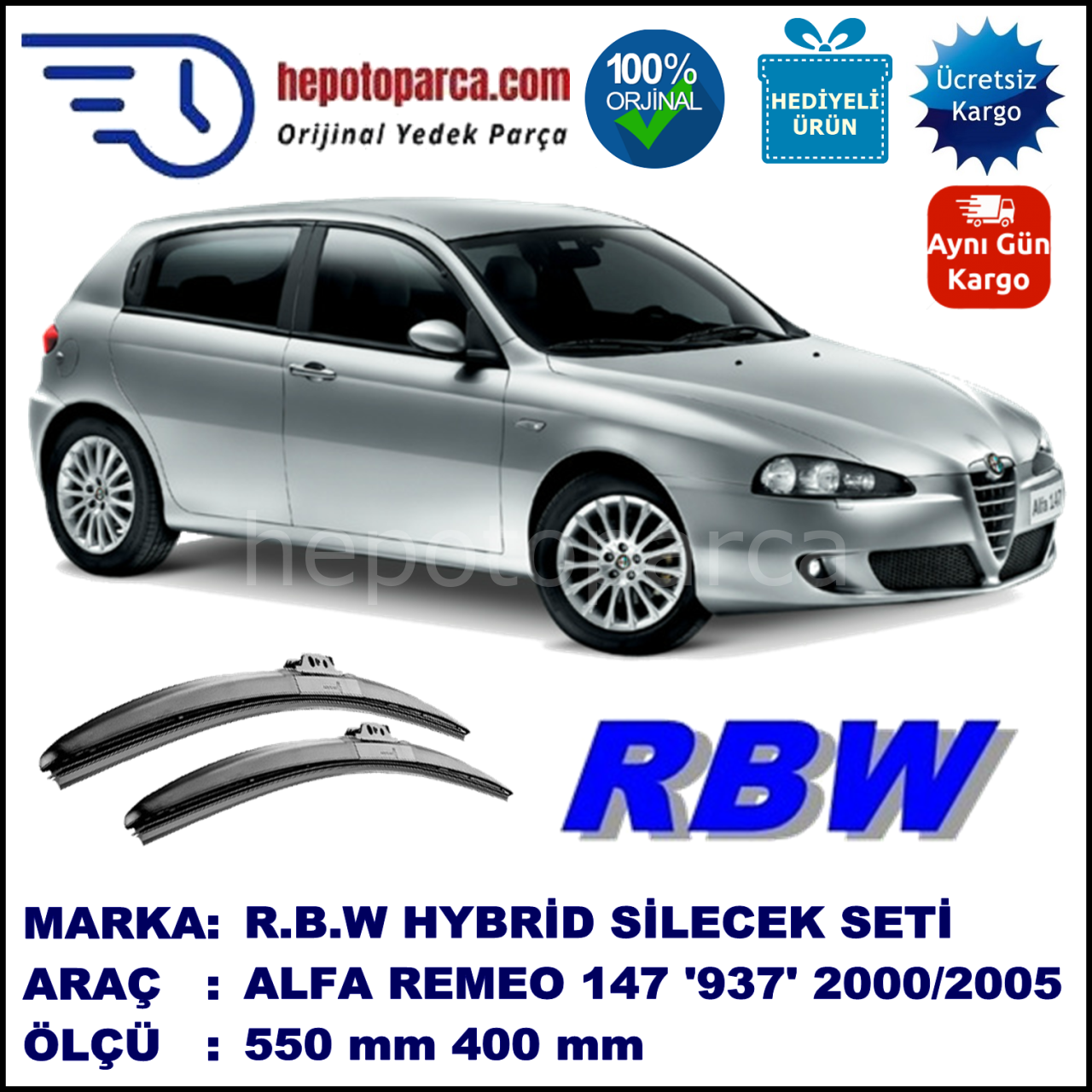 ALFA ROMEO 147 [937] 11.00-06.05 550 / 400 mm. RBW Hybrid Silecek Seti. U Kanca Uyumlu Hibrit