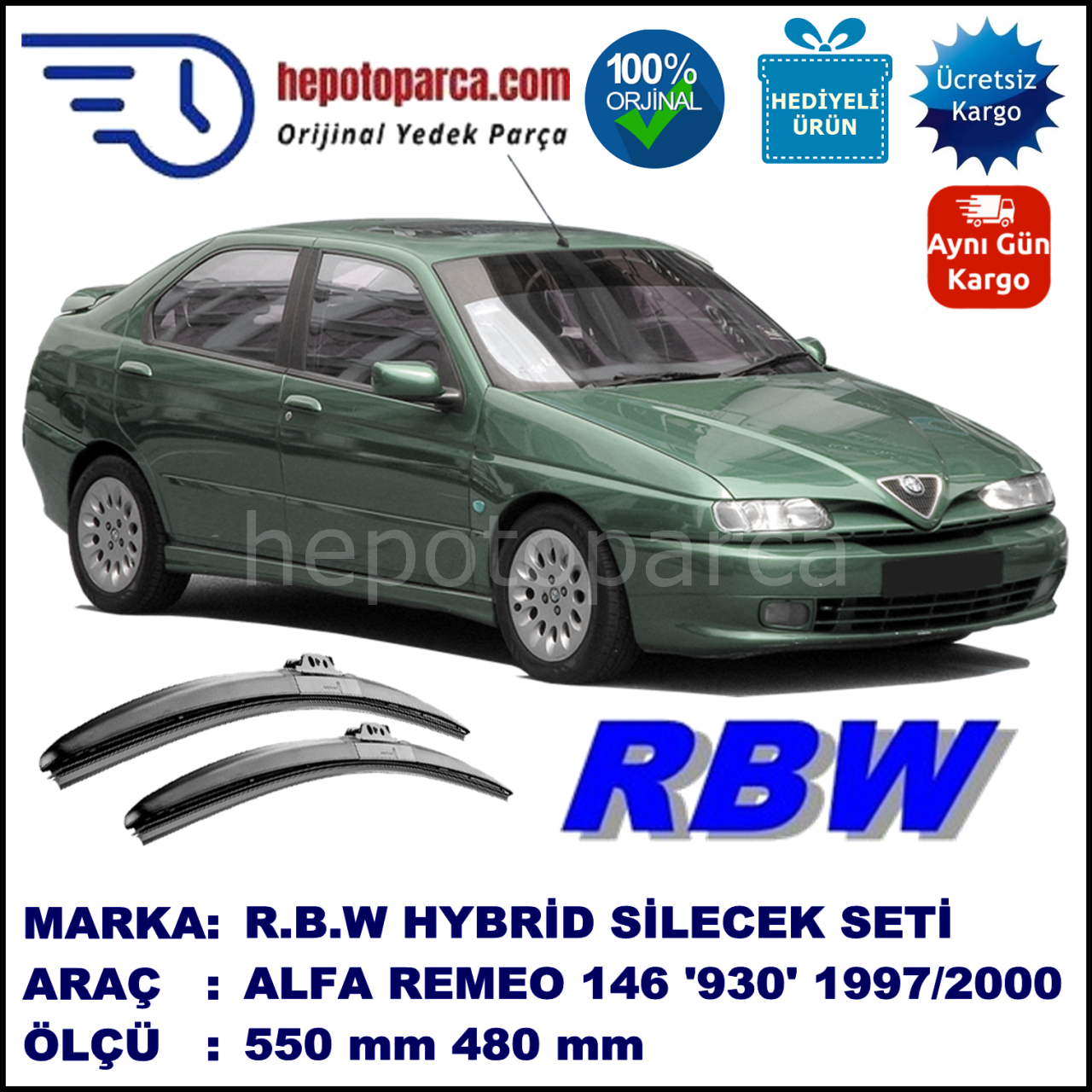 ALFA ROMEO 146 [930] 04.97-12.00 550 / 480 mm. RBW Hybrid Silecek Seti. U Kanca Uyumlu Hibrit