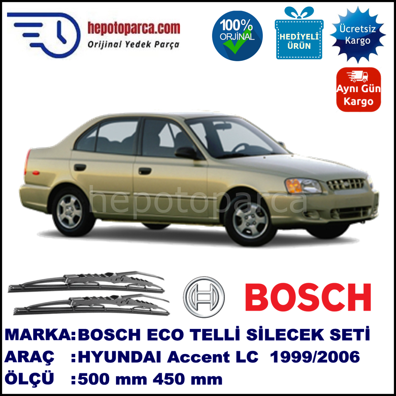 HYUNDAI Accent [LC] 05.99-... 500 / 450 mm. BOSCH ECO Telli Silecek 2'li Takım