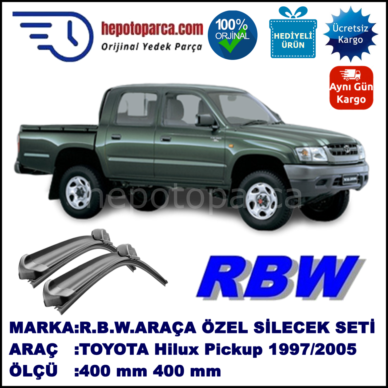 TOYOTA Hilux [N16/N17] 08.97-... 400 / 400 mm. RBW Muz Silecek Seti  2'li Takım. U Kanca Uyumludur.