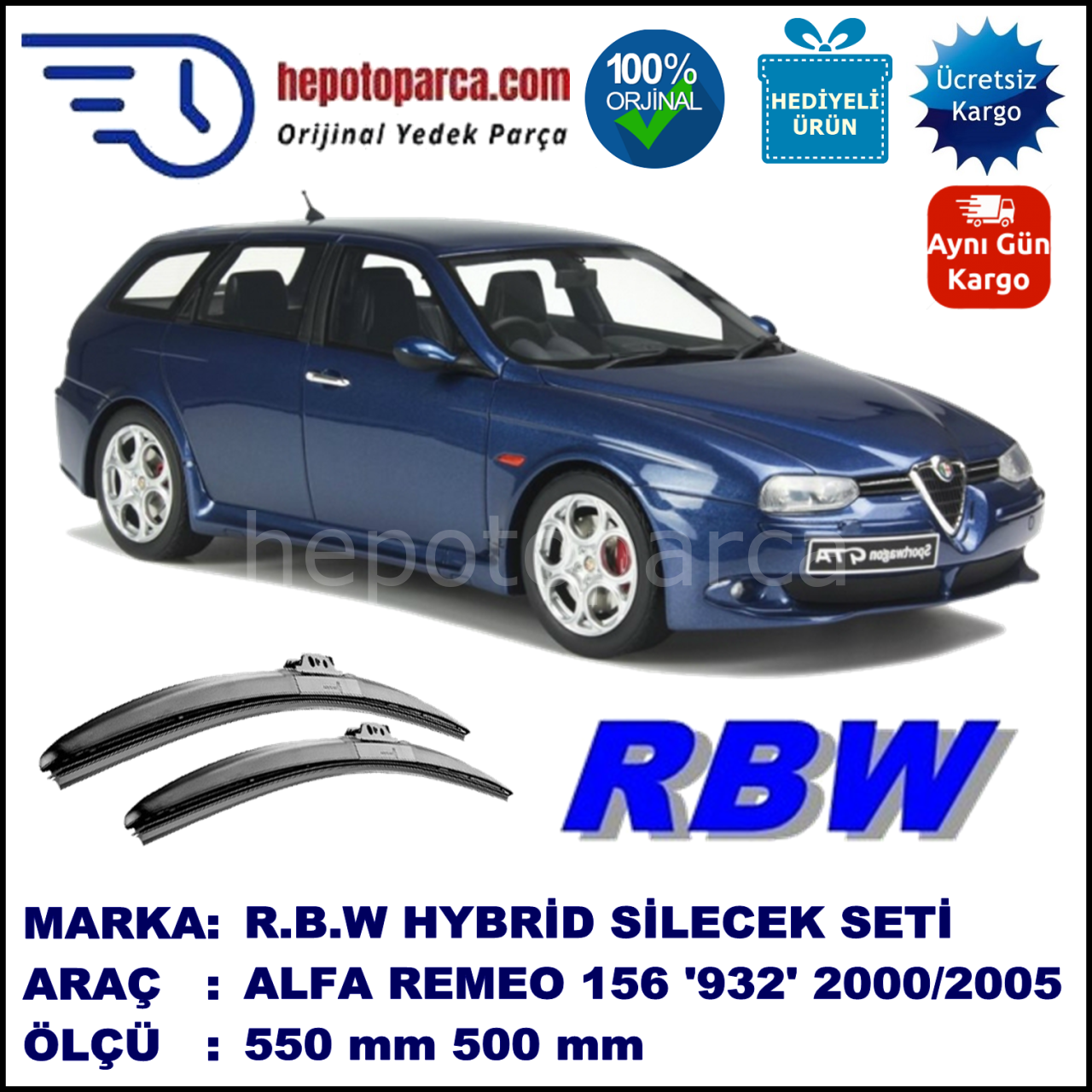 ALFA ROMEO 156 Sport Wagon [932] 06.00-12.05 550 / 500 mm. RBW Hybrid Silecek Seti. U Kanca Uyumlu Hibrit
