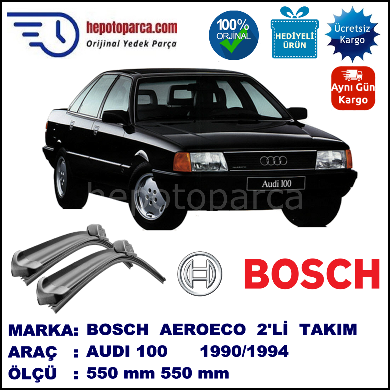 AUDI 100 [4A2; C4] 12.1990-07.1994, 550 / 530 mm. BOSCH AEROECO Aparatlı Muz Silecek