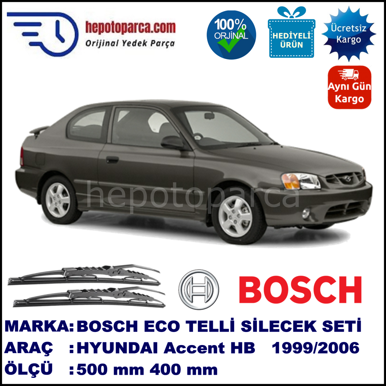 HYUNDAI Accent Hatchback [LC] 08.99-06.06 500 / 450 mm. BOSCH ECO Telli Silecek 2'li Takım