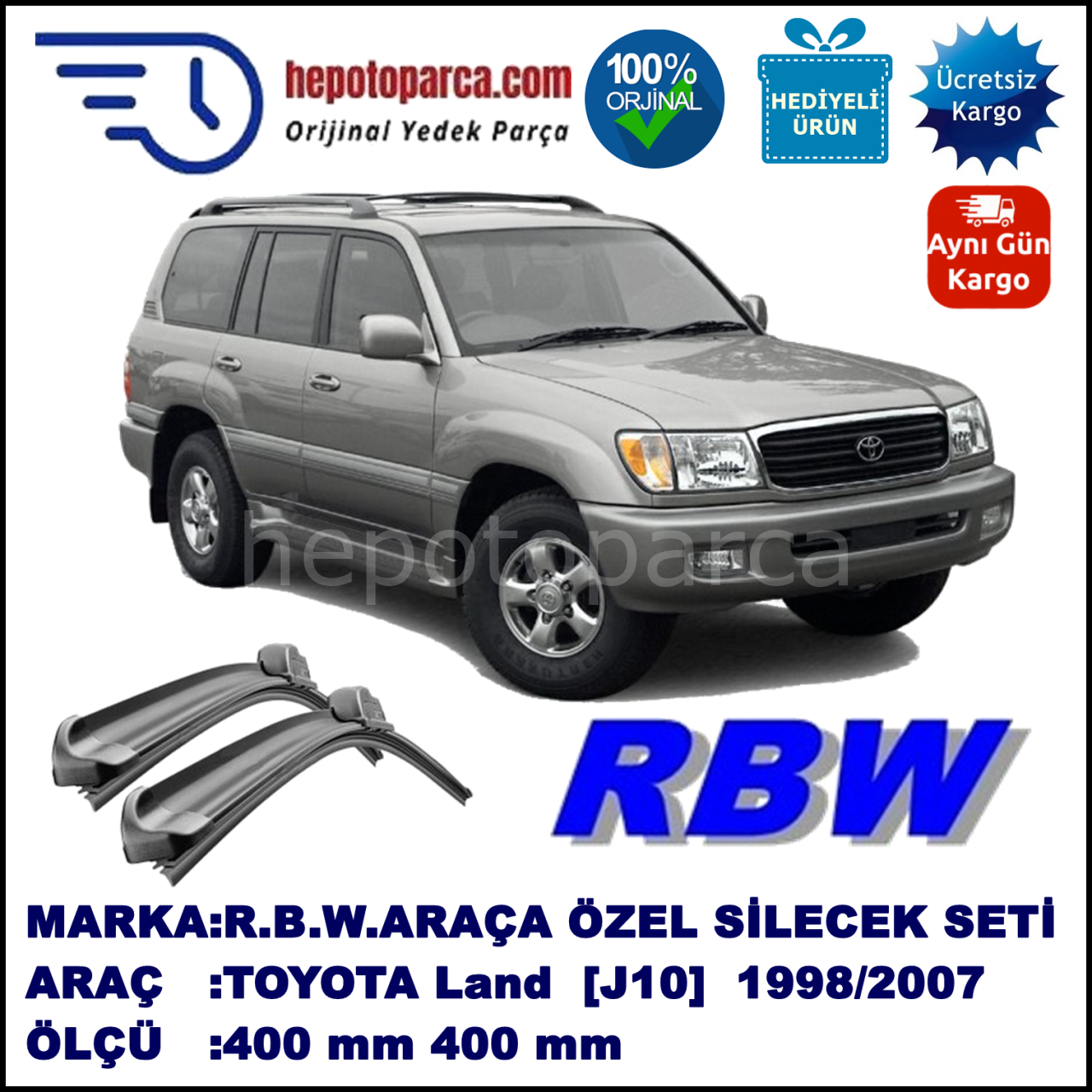 TOYOTA Land Cruiser [J10] 01.98-08.07 400 / 400 mm. RBW Muz Silecek Seti  2'li Takım. U Kanca Uyumludur.