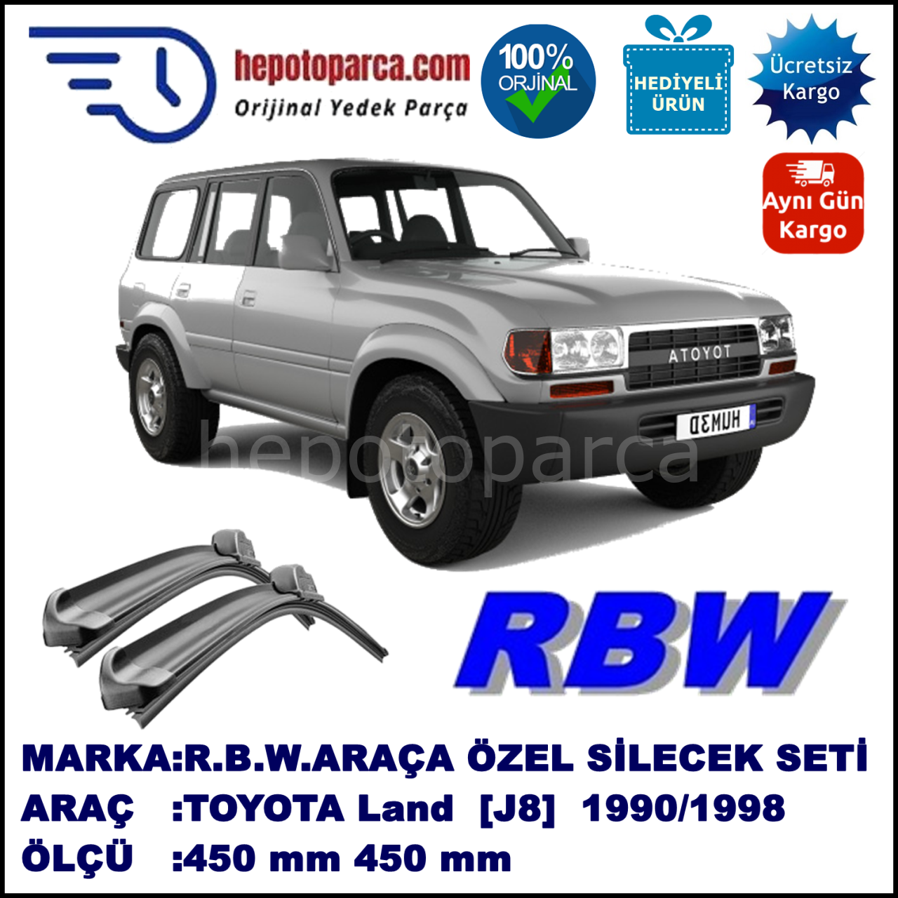 TOYOTA Land Cruiser [J8] 01.90-01.98 450 / 450 mm. RBW Muz Silecek Seti  2'li Takım. U Kanca Uyumludur.