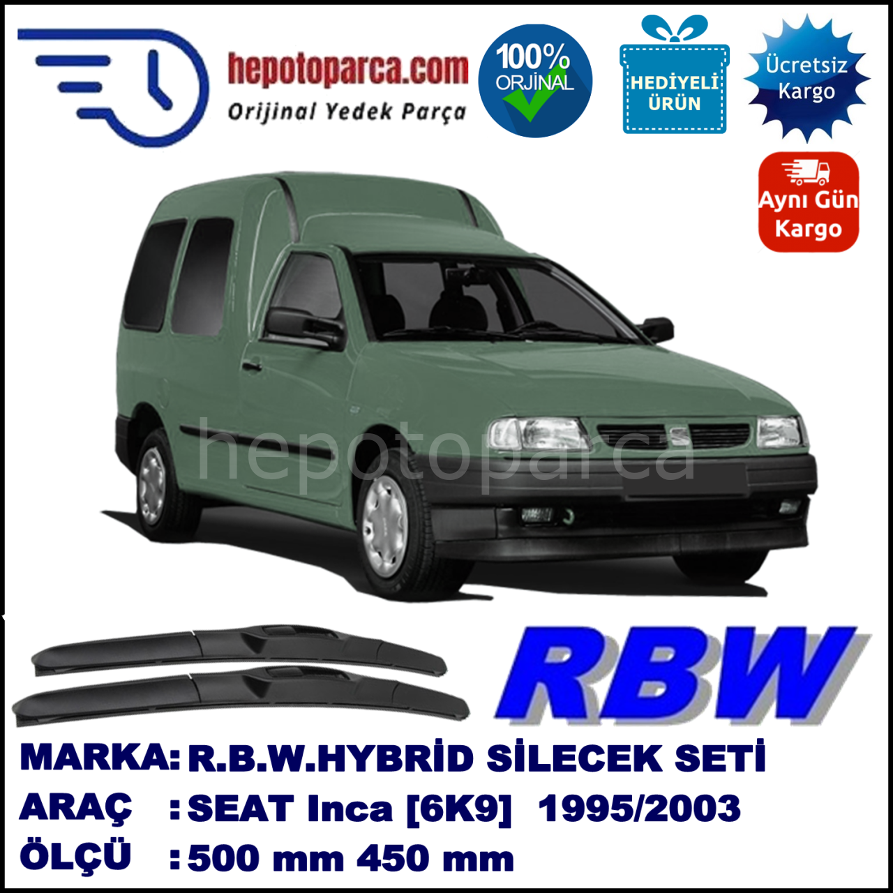 SEAT Inca [6K9] 11.95-06.03 500 / 450 mm. RBW Hybrid Silecek Seti. U Kanca Uyumlu Hibrit
