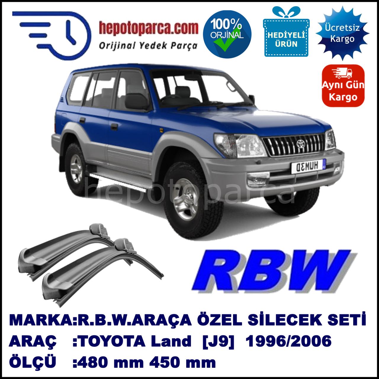 TOYOTA Land Cruiser [J9] 04.96-12.06 480 / 450 mm. RBW Muz Silecek Seti  2'li Takım. U Kanca Uyumludur.