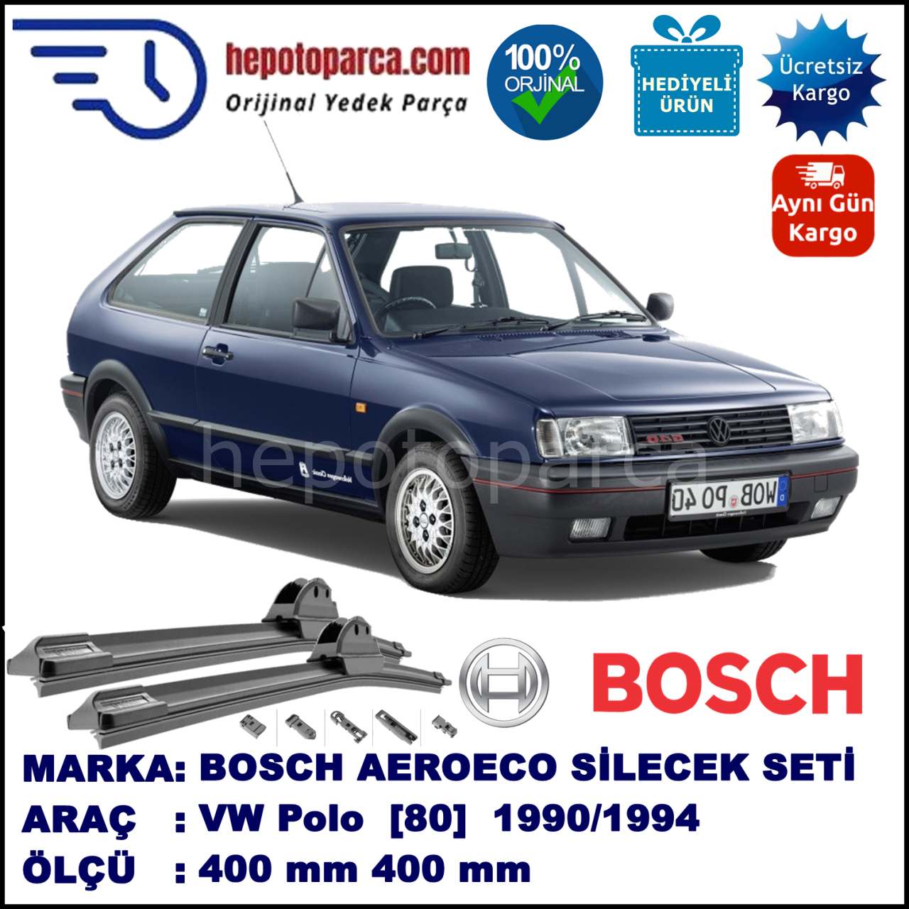 VW Polo [80] 10.1990-09.1994, 400 / 400 mm. BOSCH AEROECO Aparatlı Muz Silecek