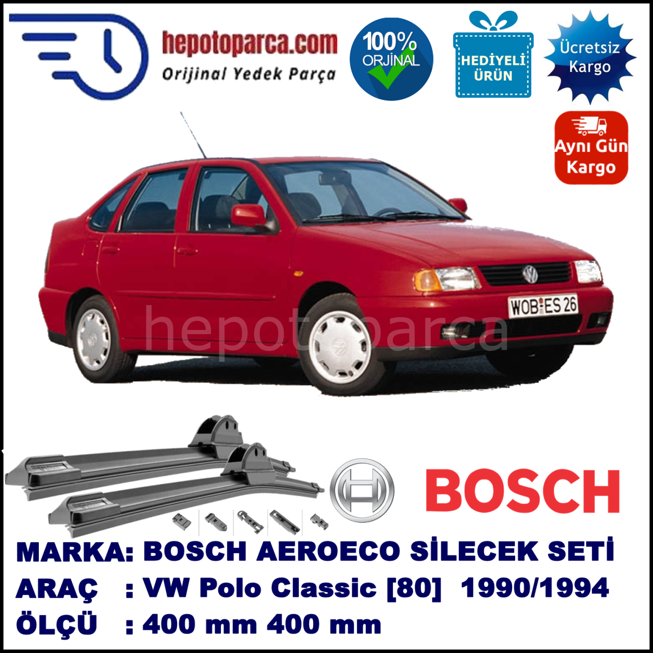 VW Polo Classic [80] 10.1990-09.1994, 400 / 400 mm. BOSCH AEROECO Aparatlı Muz Silecek