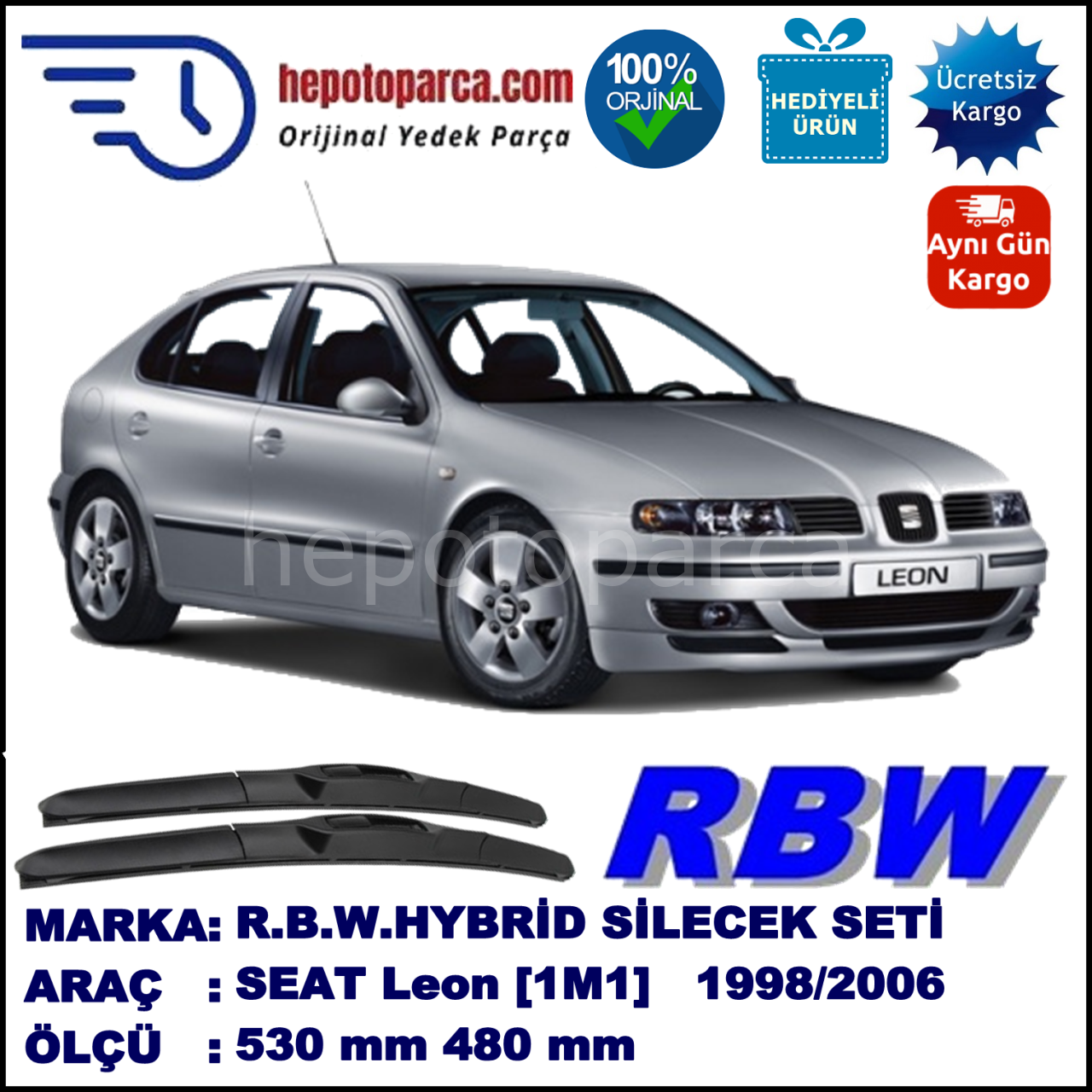 SEAT Leon [1M1] 10.98-06.06 530 / 480 mm. RBW Hybrid Silecek Seti. U Kanca Uyumlu Hibrit