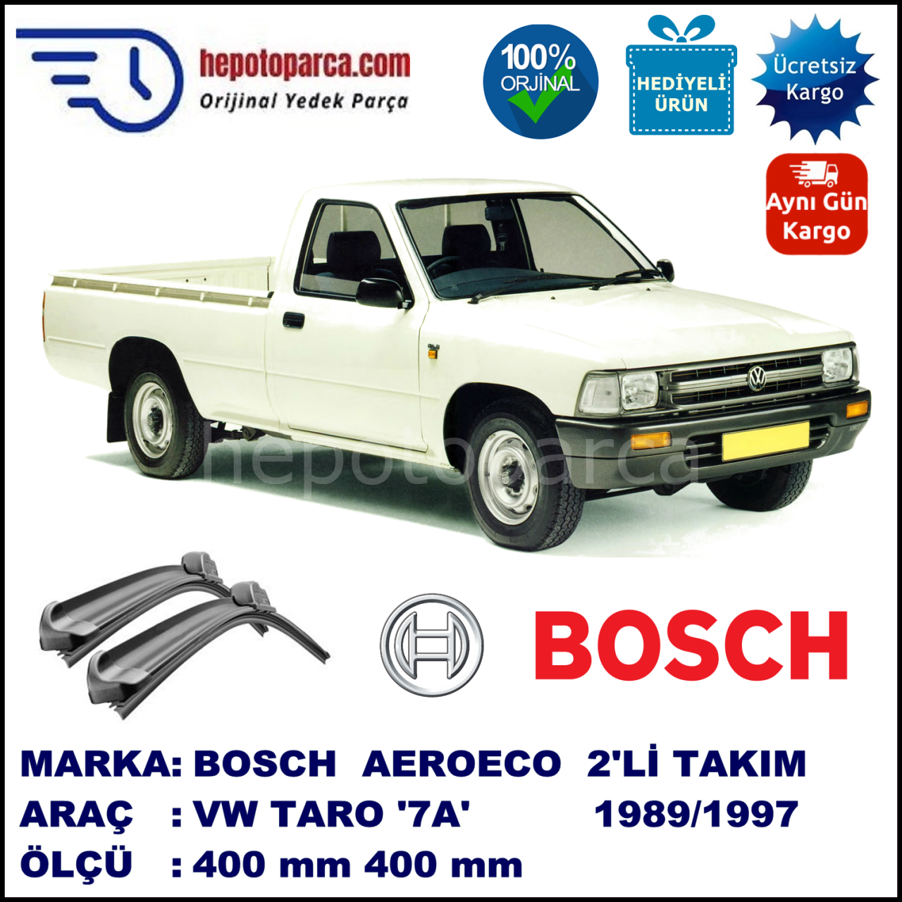 VW Taro [7A] 04.1989-03.1997, 400 / 400 mm. BOSCH AEROECO Aparatlı Muz Silecek