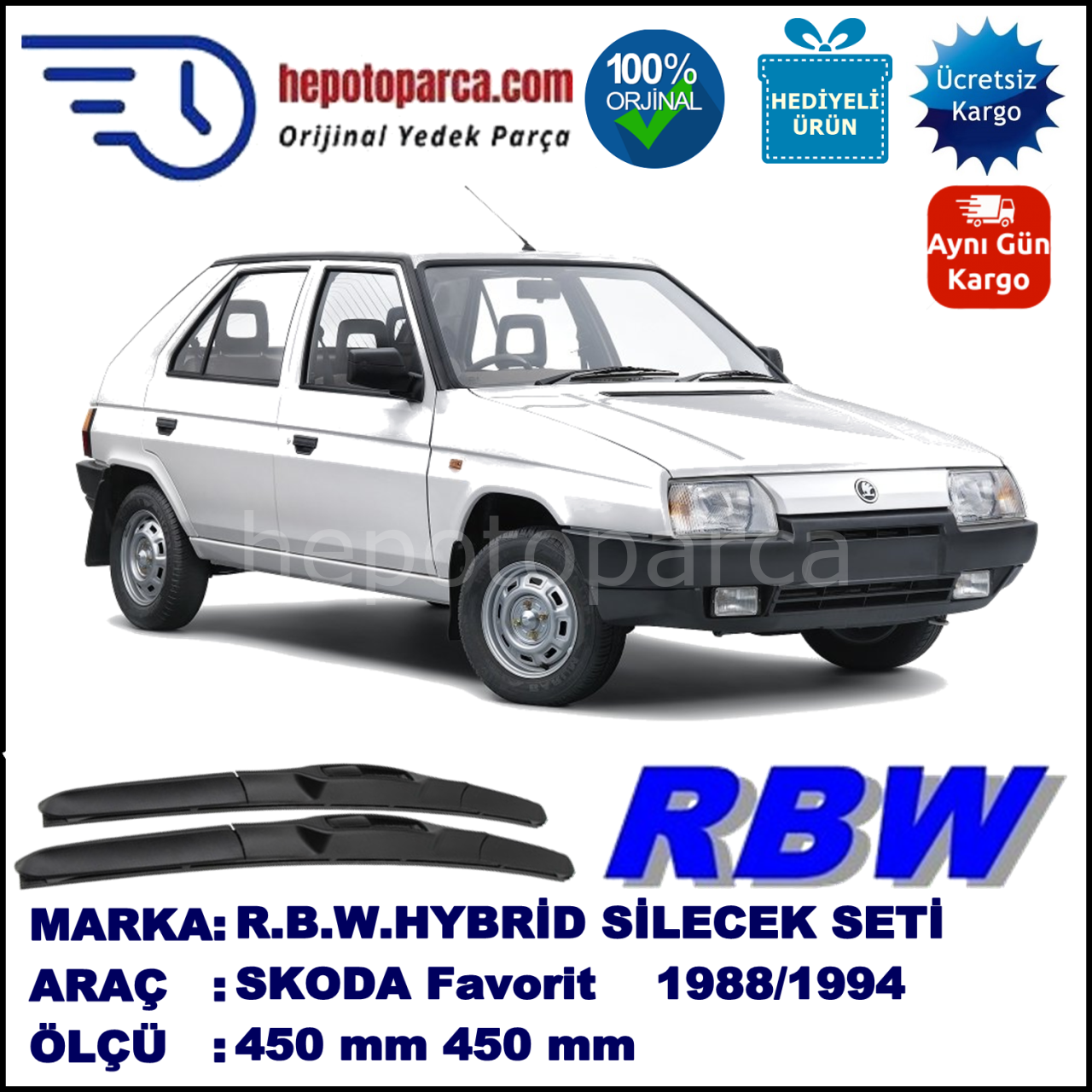 SKODA Favorit  09.88-09.94 450 / 450 mm. RBW Hybrid Silecek Seti. U Kanca Uyumlu Hibrit