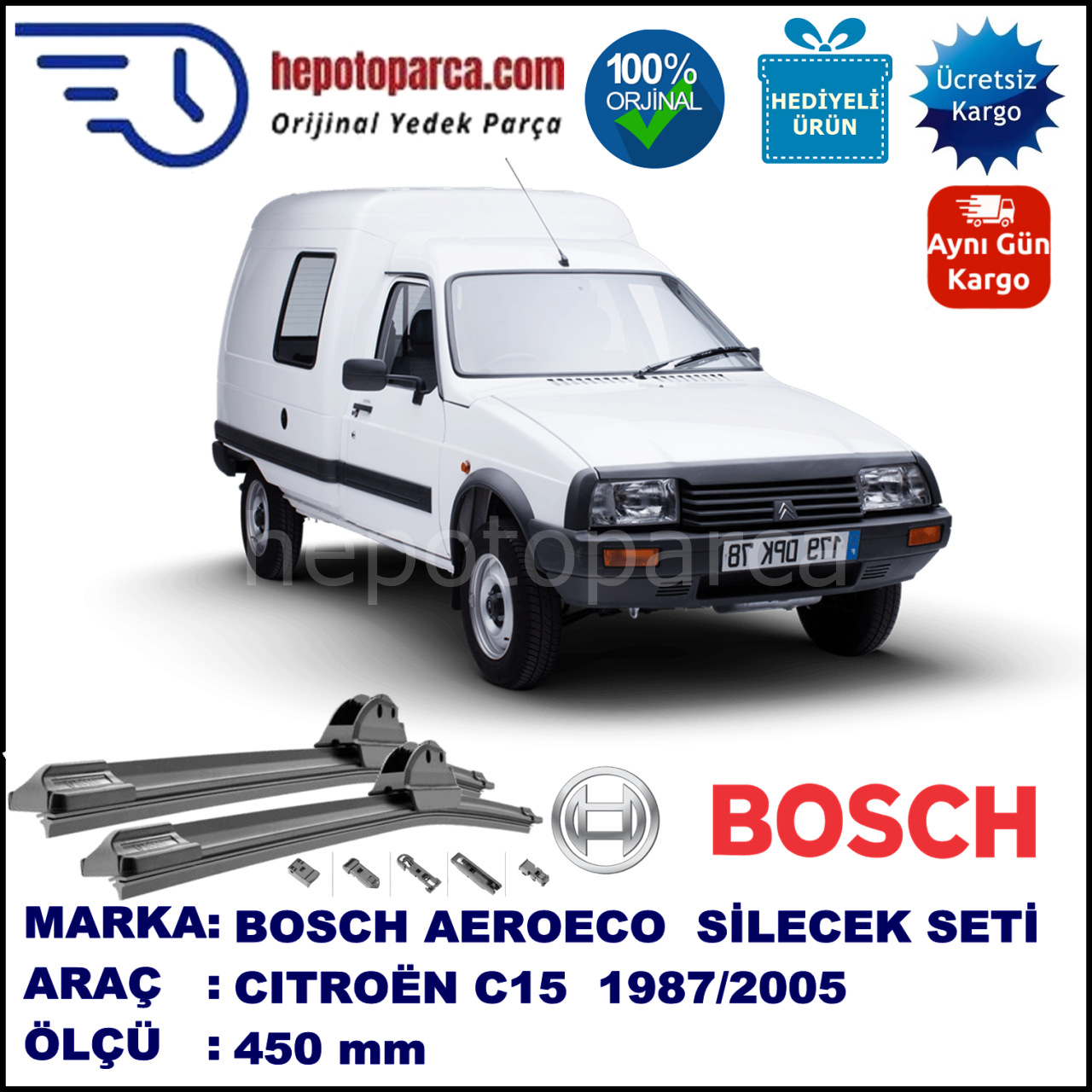 CITROEN C 15  07.1987-12.2005, 450 / - mm. BOSCH AEROECO Aparatlı Muz Silecek