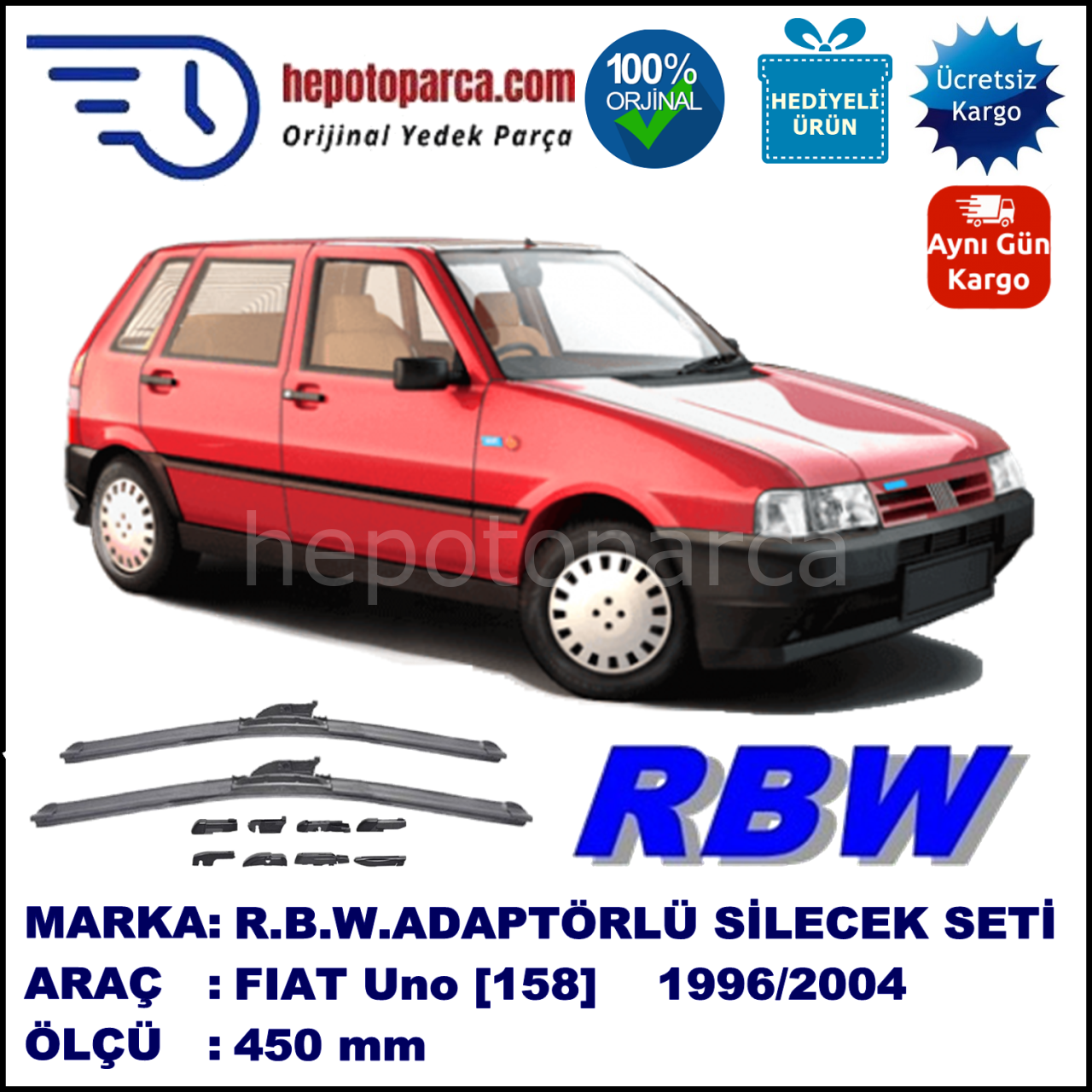 FIAT Uno [158..] 01.1996-..., 450 / - mm.  RBW  ADAPTÖRLÜ MUZ SİLECEK