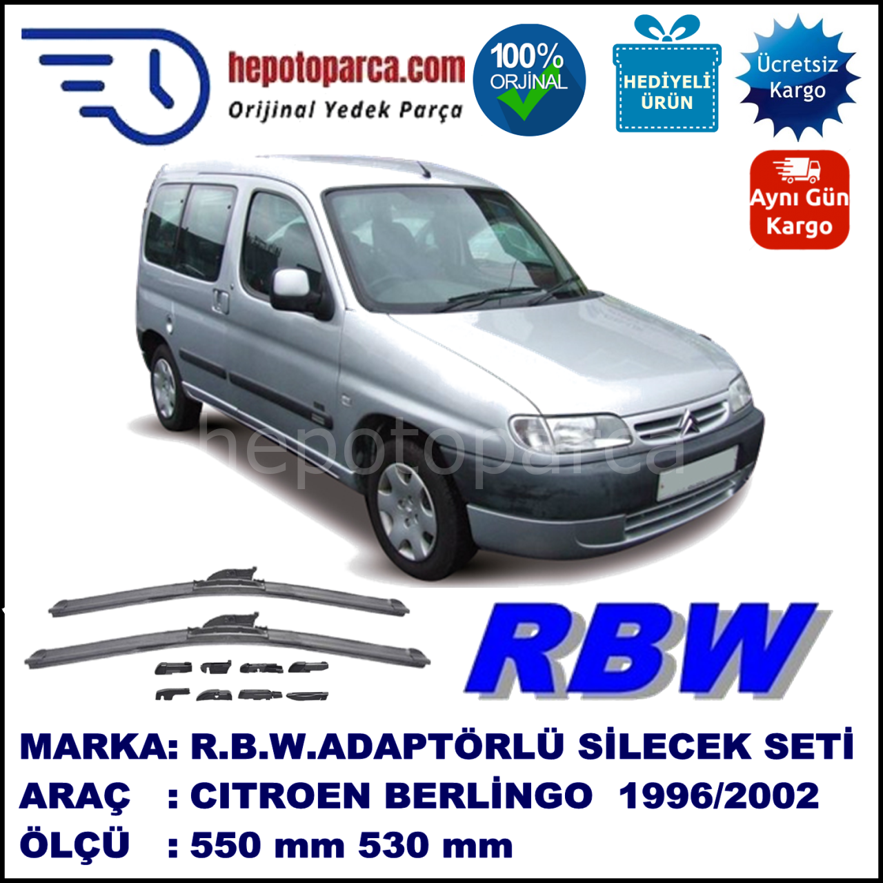 CITROEN Berlingo [M49] 07.1996-11.2002, 550 / 530 mm.  RBW  ADAPTÖRLÜ MUZ SİLECEK SETİ