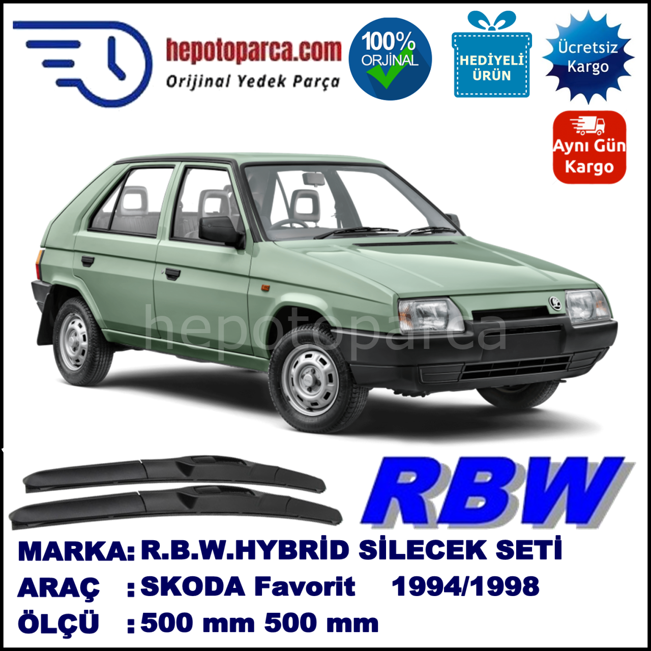 SKODA Favorit  10.94-12.98 500 / 500 mm. RBW Hybrid Silecek Seti. U Kanca Uyumlu Hibrit