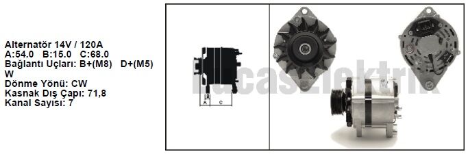 61920554 ALTERNATÖR A125 14V 120A TÜMOSAN 7KANALLI 7153178