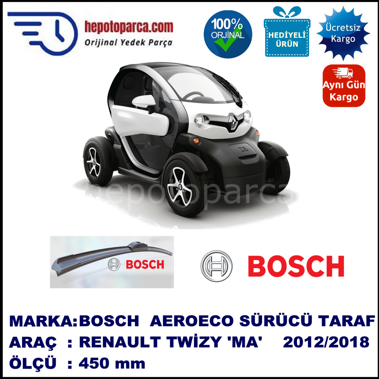 RENAULT Twizy [MA]  03.2012-..., 450 / - mm. BOSCH AEROECO Aparatlı Muz Silecek