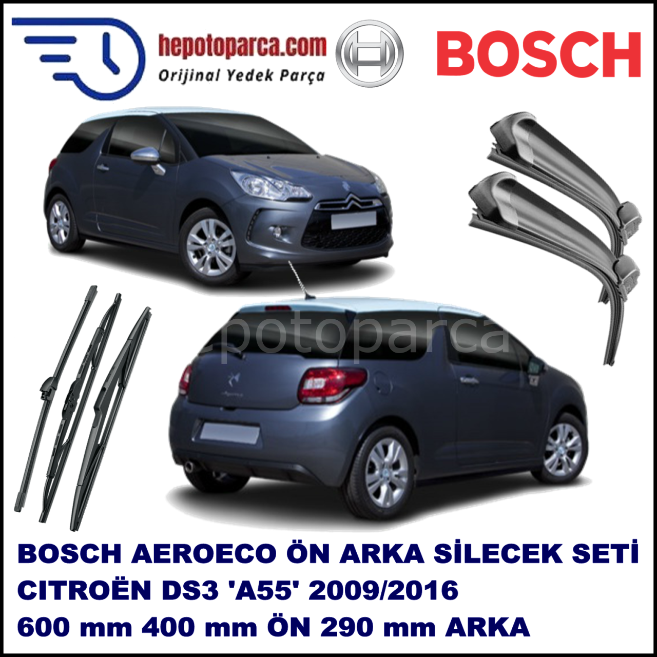 CITROEN DS3 [A55] 11,2009-,,, Bosch Aeroeco Ön ve Arka Silecek Takımı