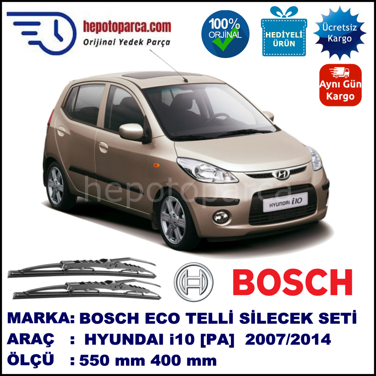 HYUNDAI i10 [PA] 10.07-... 550 / 400 mm. BOSCH ECO Telli Silecek 2'li Takım