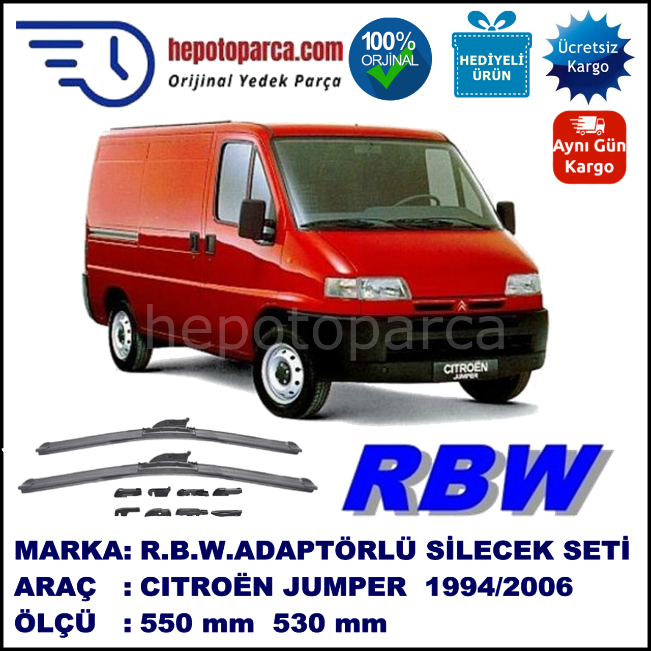 CITROEN Jumper [U5, 23] 02.1994-05.2006, 550 / 530 mm.  RBW  ADAPTÖRLÜ MUZ SİLECEK SETİ