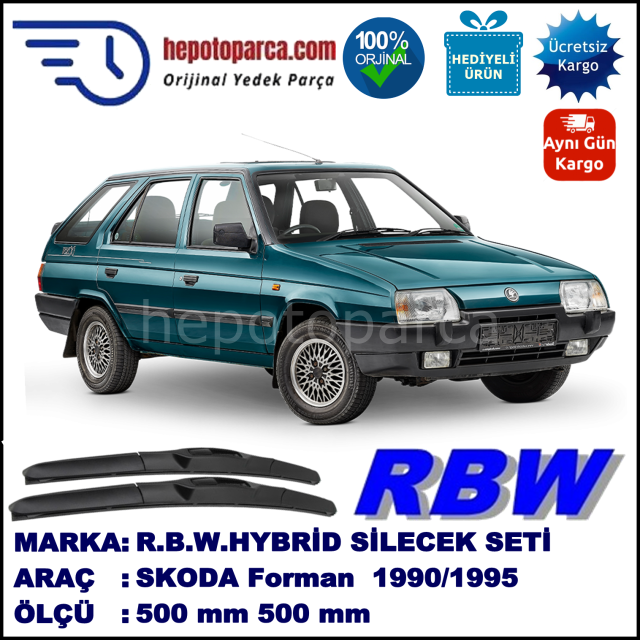 SKODA Forman  10.90-12.95 500 / 500 mm. RBW Hybrid Silecek Seti. U Kanca Uyumlu Hibrit