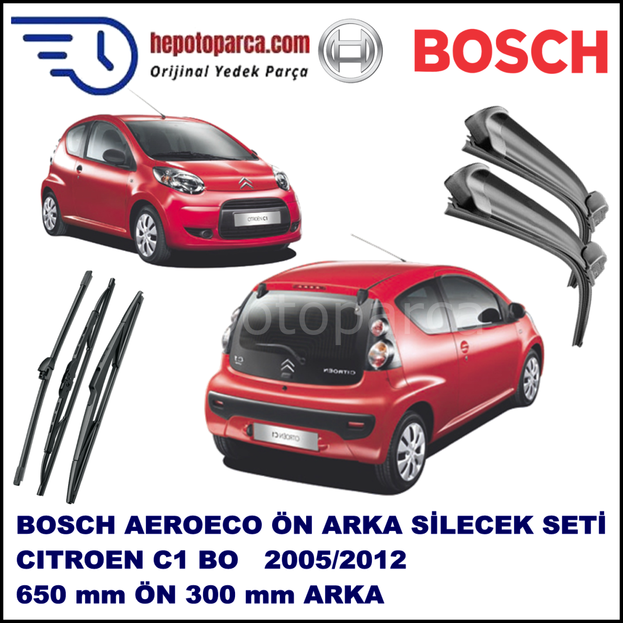 CITROEN C1 [B0] 06,2005-,,, Bosch Aeroeco Ön ve Arka Silecek Takımı