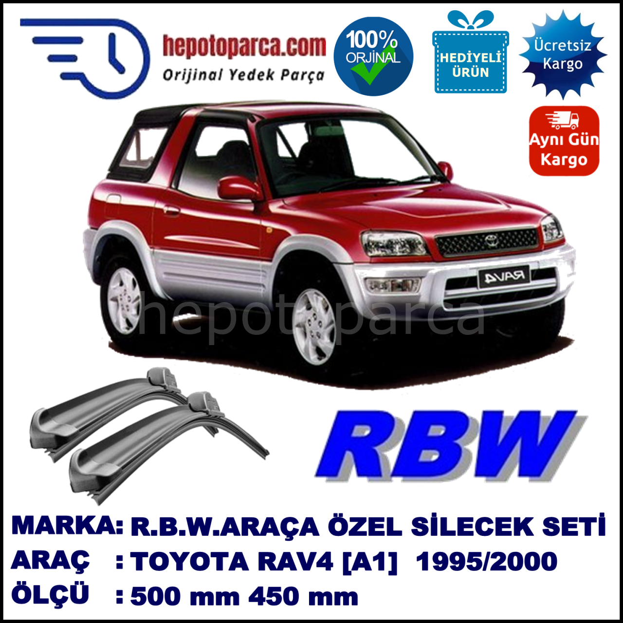 TOYOTA RAV4 Cabrio [A1] 11.95-08.00 500 / 450 mm. RBW Muz Silecek Seti  2'li Takım. U Kanca Uyumludur.