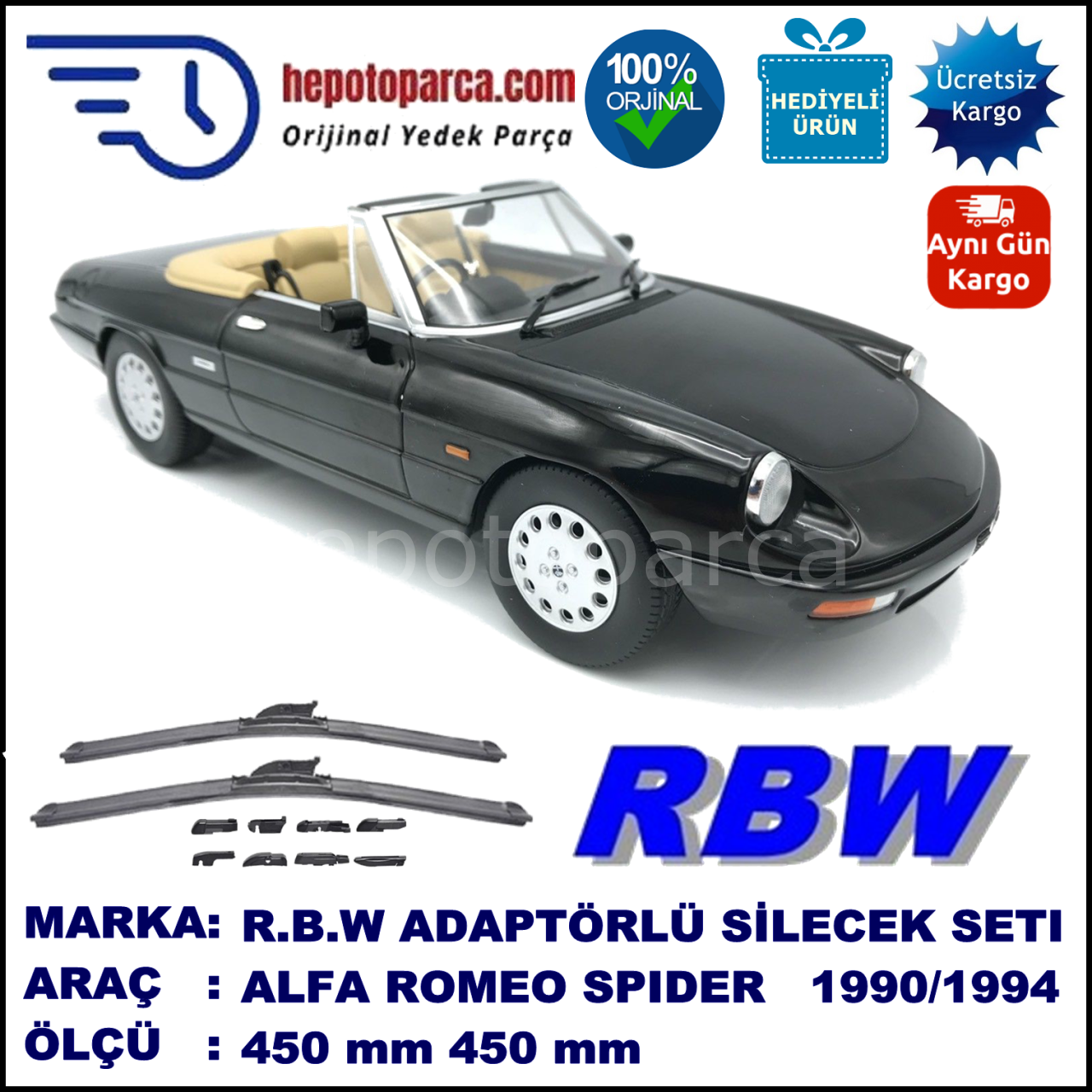 ALFA ROMEO Spider [115] 01.1990-12.1994, 450 / 450 mm.  RBW  ADAPTÖRLÜ MUZ SİLECEK SETİ
