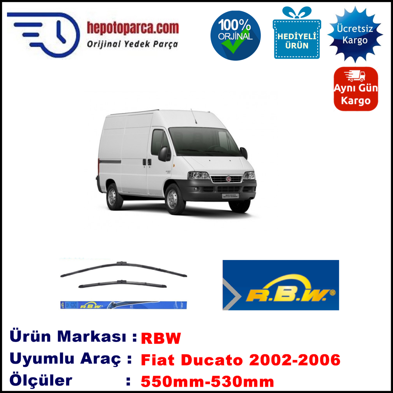 FIAT Ducato [243; 244; 245; 247] 04.2002-..., 550 / 530 mm.  RBW  ADAPTÖRLÜ MUZ SİLECEK SETİ