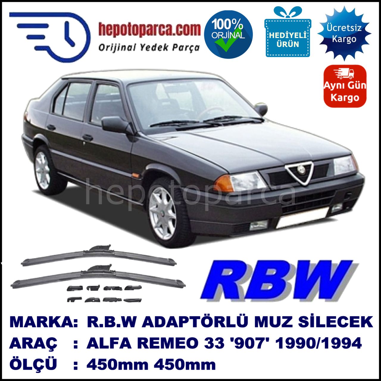 ALFA ROMEO 33 Berlina [907] 01.1990-10.1994, 450 / 450 mm.  RBW  ADAPTÖRLÜ MUZ SİLECEK SETİ