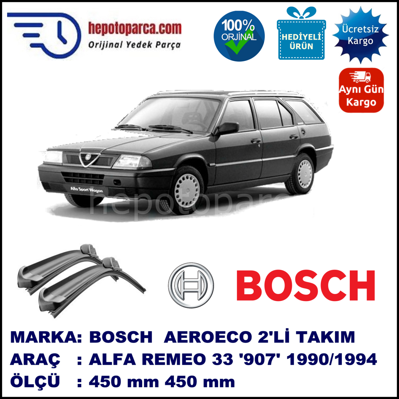 ALFA ROMEO 33 Sport Wagon [907] 01.1990-10.1994, 450 / 450 mm. BOSCH AEROECO Aparatlı Muz Silecek
