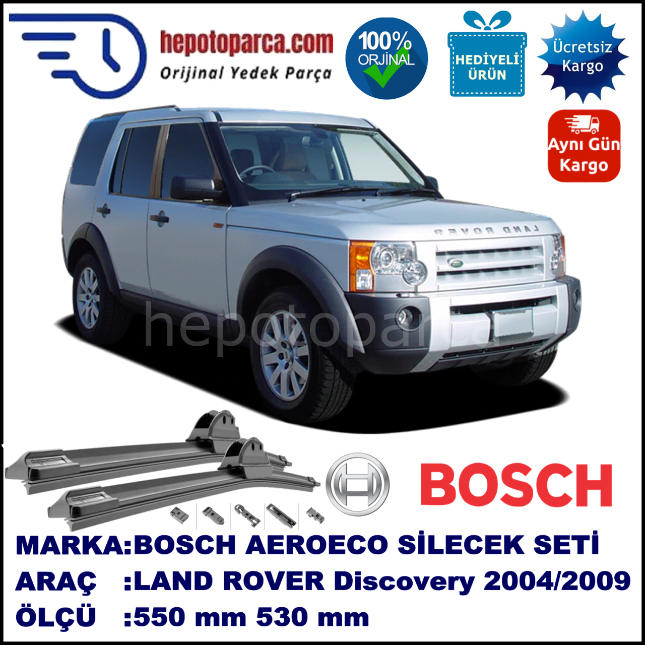 LAND ROVER  Discovery III/IV  09.2004-..., 550 / 530 mm. BOSCH AEROECO Aparatlı Muz Silecek