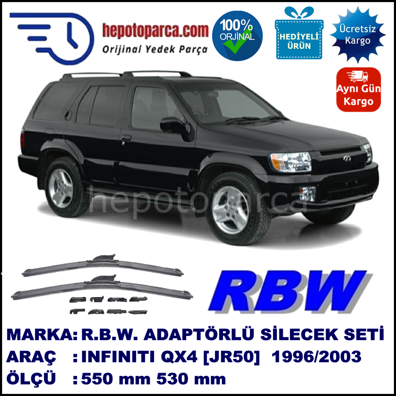 INFINITI QX4 [JR50] 09.1996-08.2003, 550 / 530 mm.  RBW  ADAPTÖRLÜ MUZ SİLECEK SETİ