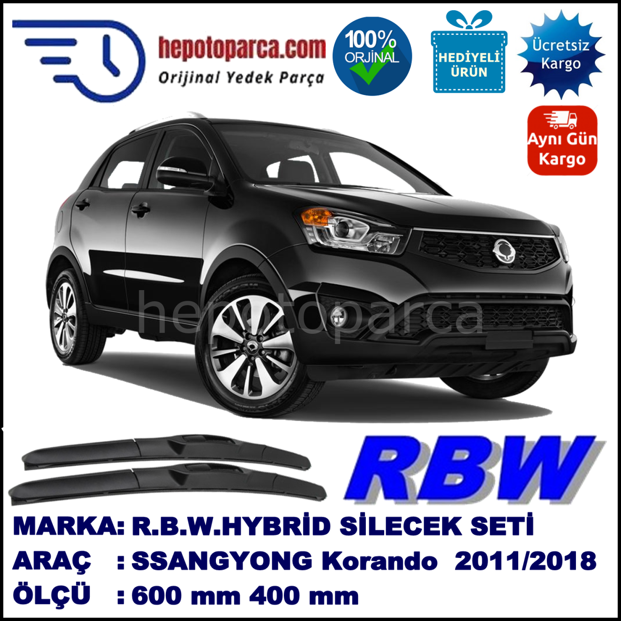 SSANGYONG Korando C  03.11-... 600 / 400 mm. RBW Hybrid Silecek Seti. U Kanca Uyumlu Hibrit