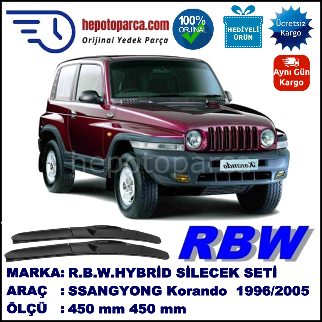 SSANGYONG Korando [KJ] 07.96-12.05 450 / 450 mm. RBW Hybrid Silecek Seti. U Kanca Uyumlu Hibrit