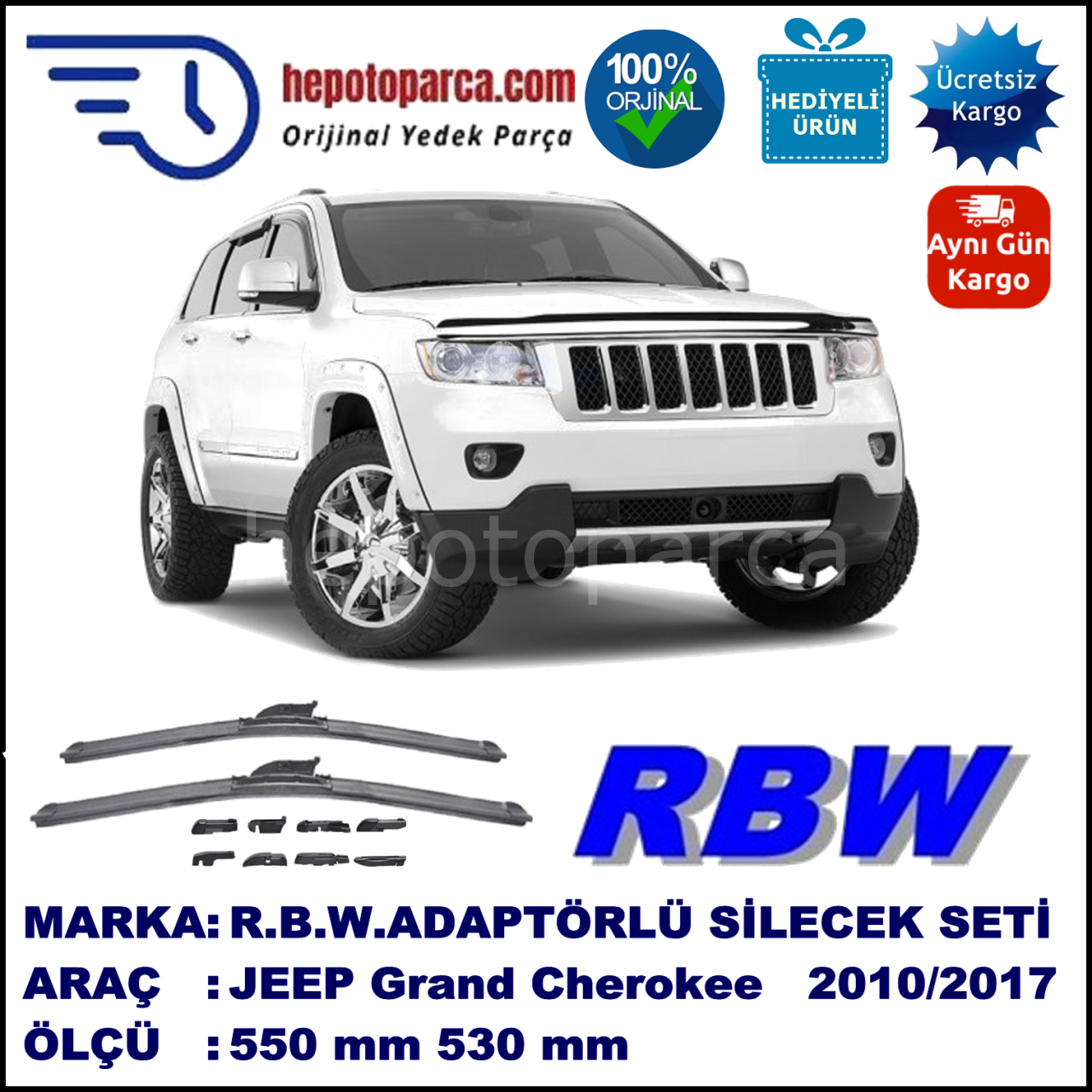 JEEP Grand Cherokee [WK2] 10.2010-..., 550 / 530 mm.  RBW  ADAPTÖRLÜ MUZ SİLECEK SETİ