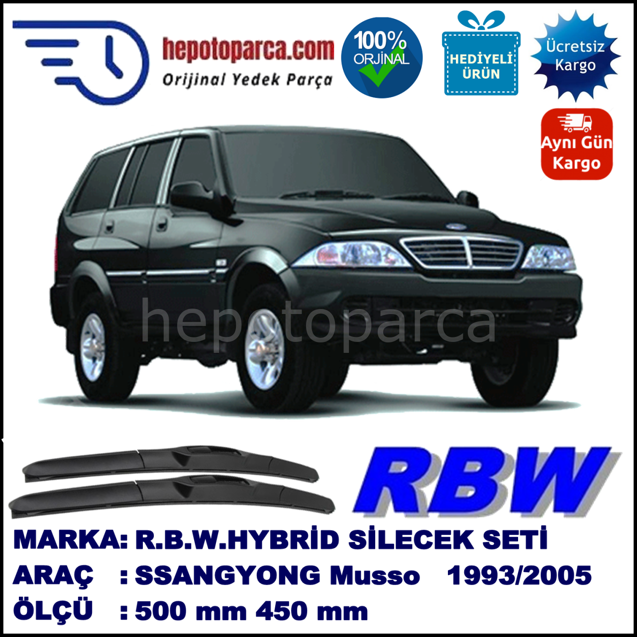 SSANGYONG Musso [MJ] 07.93-12.05 500 / 450 mm. RBW Hybrid Silecek Seti. U Kanca Uyumlu Hibrit