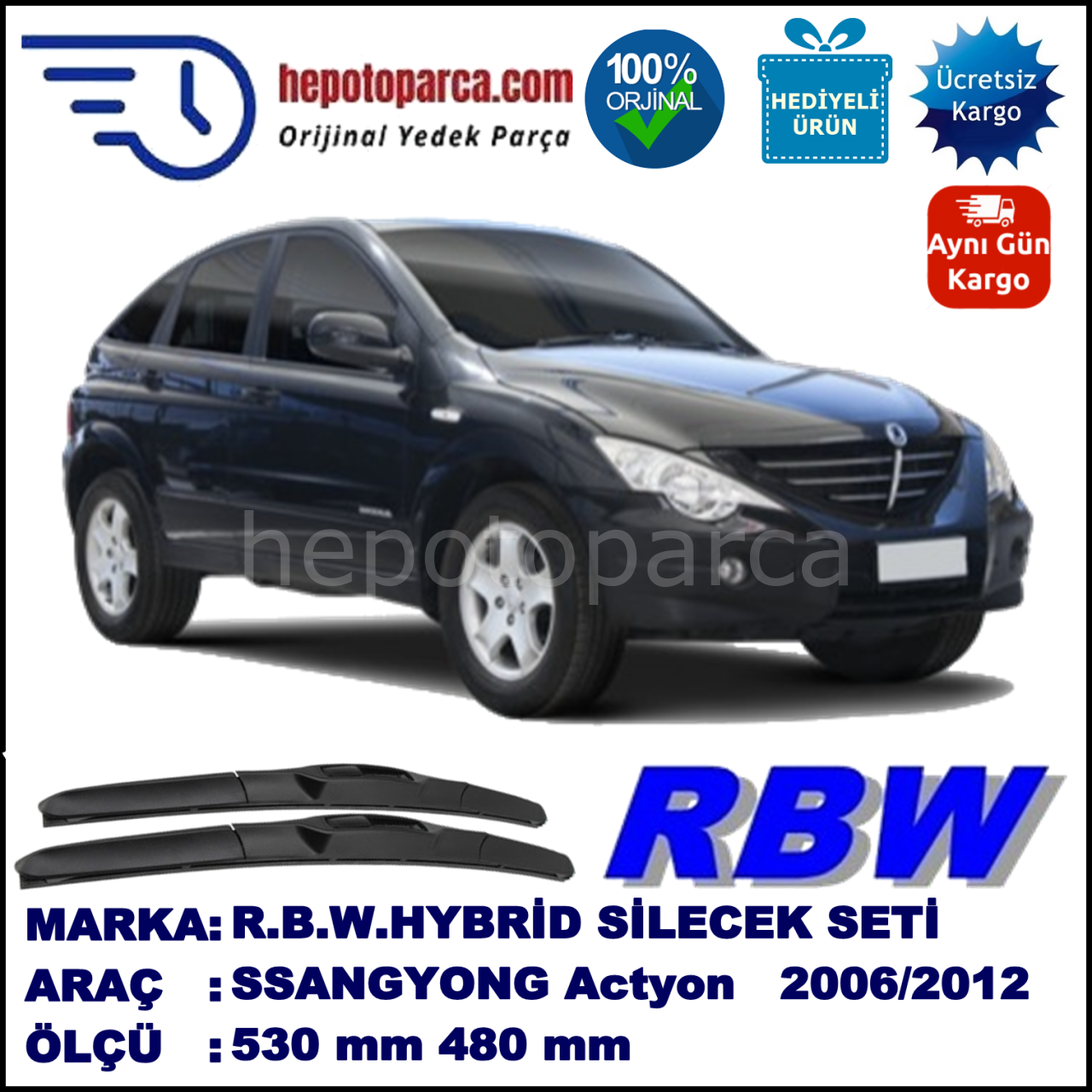 SSANGYONG Actyon  11.06-... 530 / 480 mm. RBW Hybrid Silecek Seti. U Kanca Uyumlu Hibrit