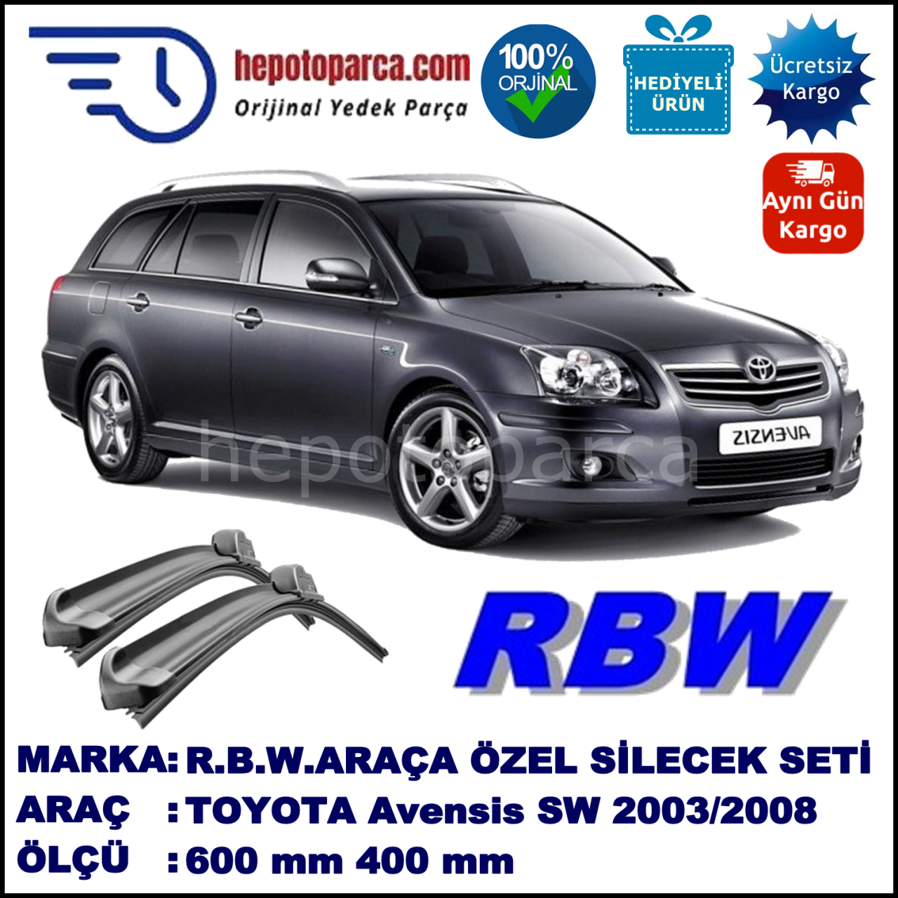 TOYOTA Avensis Wagon [T25] 01.03-11.08 600 / 400 mm. RBW Muz Silecek Seti  2'li Takım. U Kanca Uyumludur.