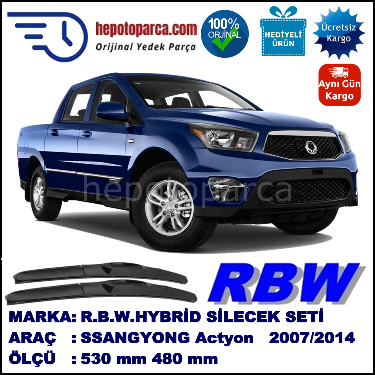 SSANGYONG Actyon Sports  03.07-... 530 / 480 mm. RBW Hybrid Silecek Seti. U Kanca Uyumlu Hibrit