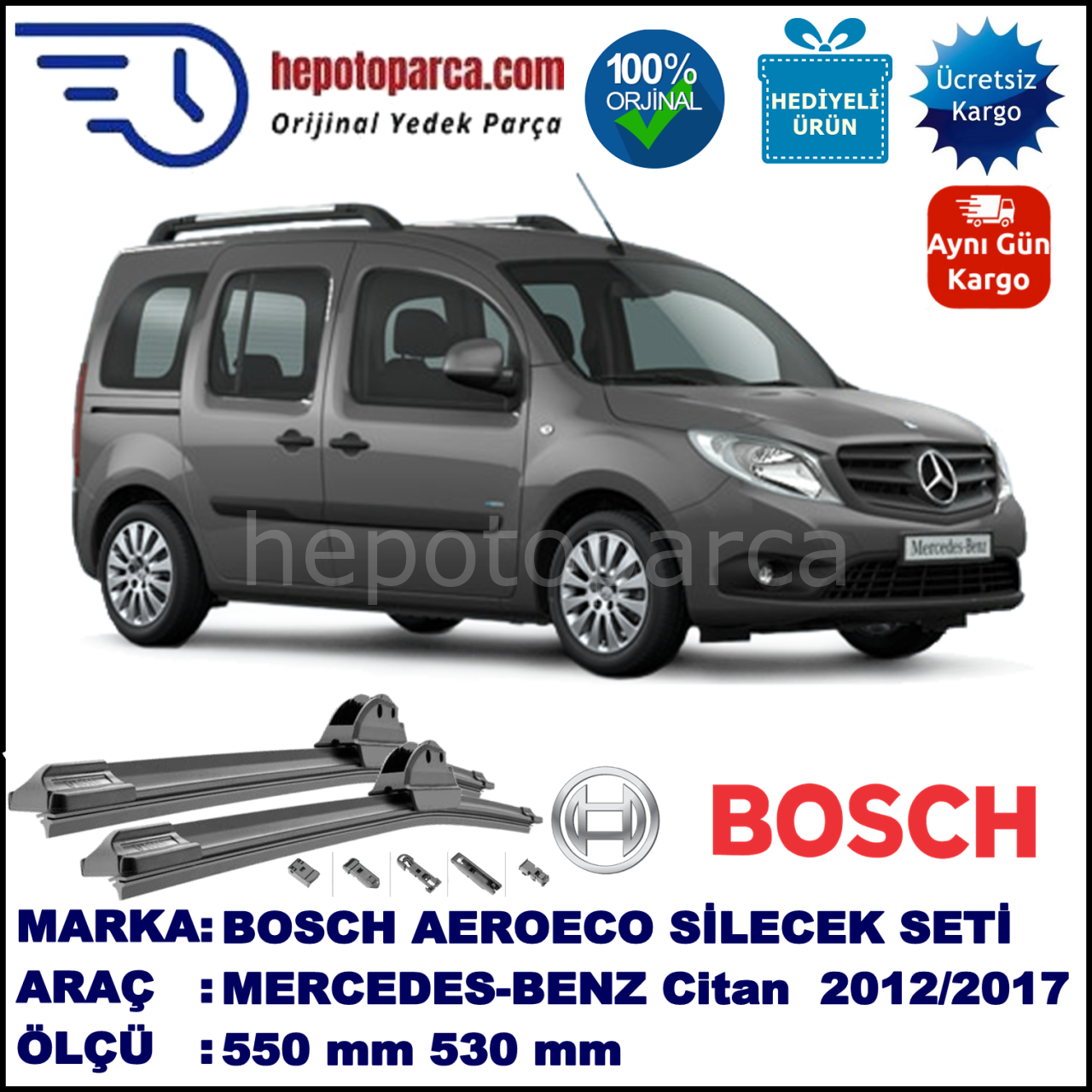 MERCEDES-BENZ Citan  07.2012-..., 550 / 530 mm. BOSCH AEROECO Aparatlı Muz Silecek