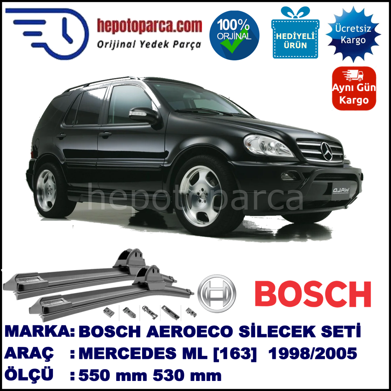 MERCEDES-BENZ Serie ML [163] 03.1998-06.2005, 550 / 530 mm. BOSCH AEROECO Aparatlı Muz Silecek