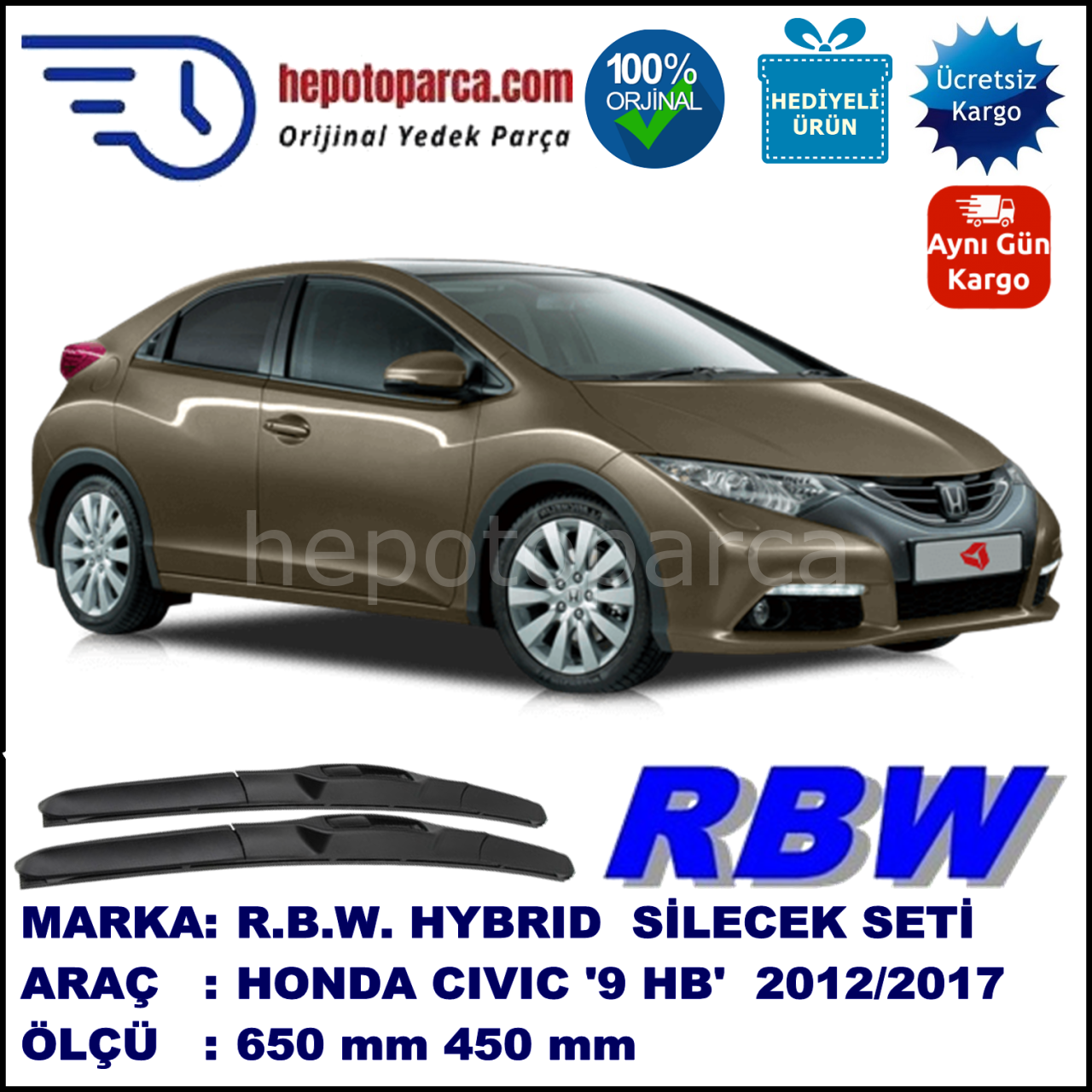 HONDA CIVIC 9 HB HYBRID SİLECEK TAKIMI RBW ARACA ÖZEL (2012-2017)