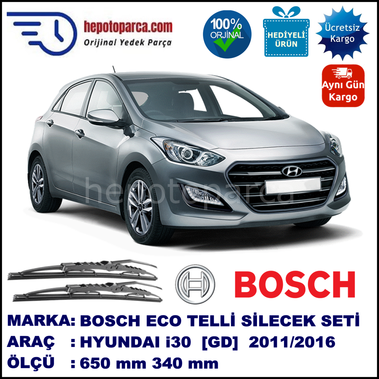 HYUNDAI i30 [GD] 12.11-... 650 / 340 mm. BOSCH ECO Telli Silecek 2'li Takım